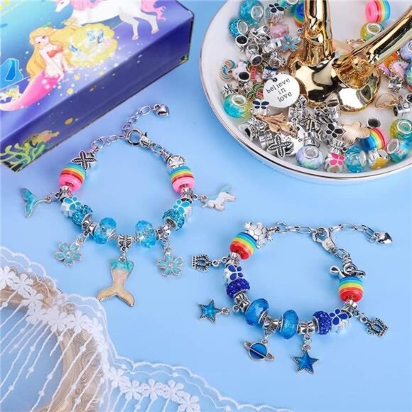 150 Pieces Charm Bracelet Making Kit,Unicorn Mermaid Crafts Gifts Set - Picture 5 of 7
